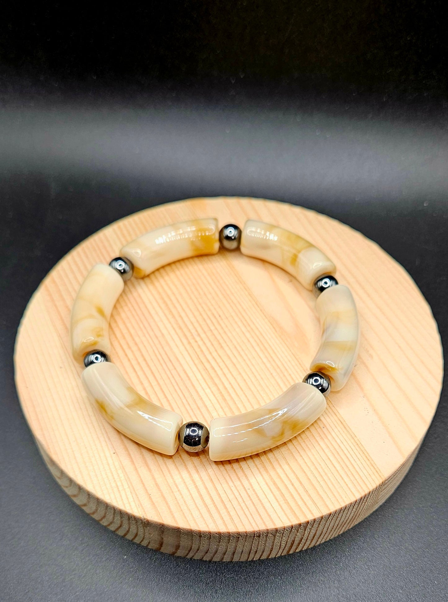 Cream W/black Steel Beads
