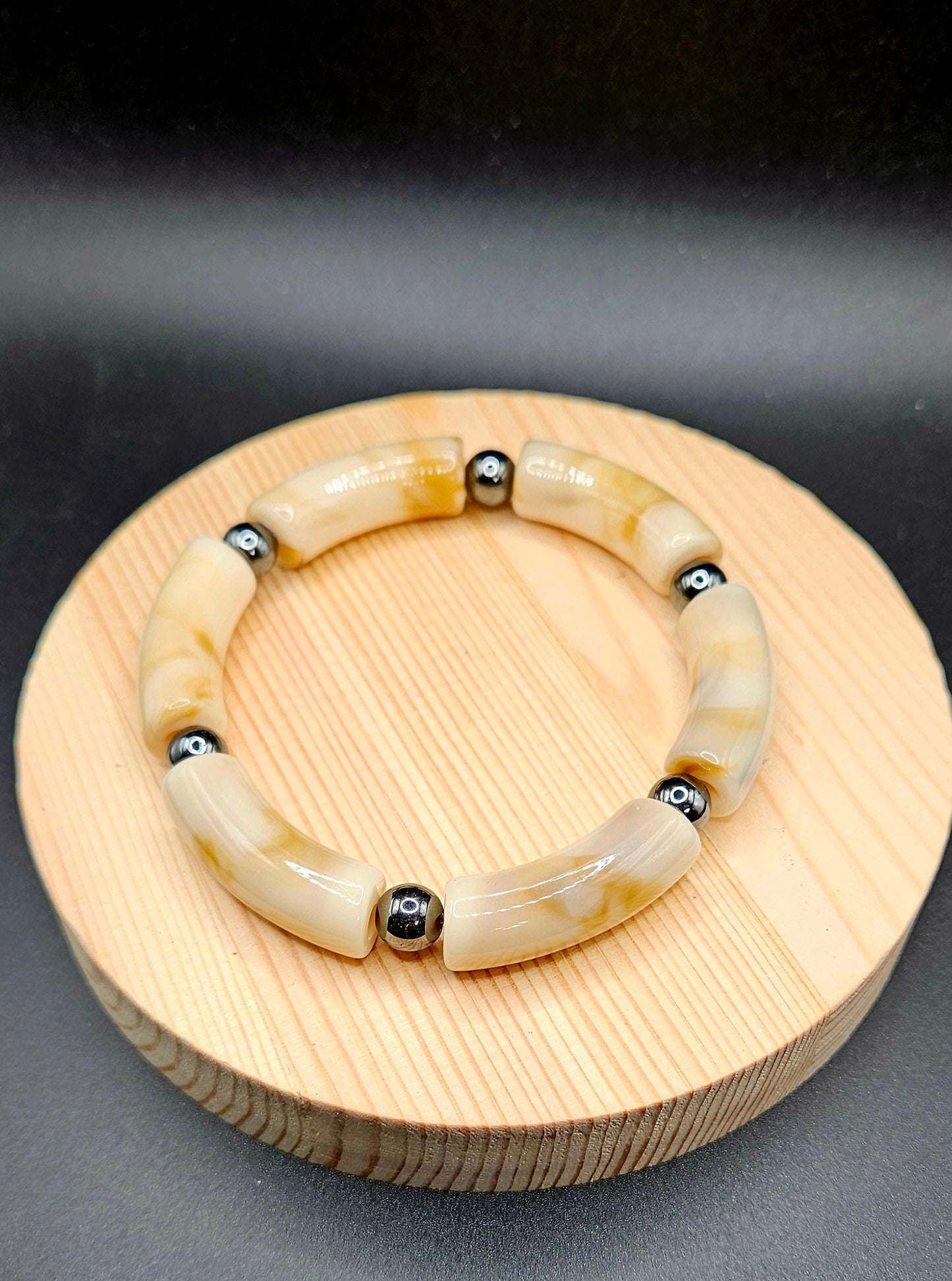 Cream W/Black Steel Beads 12mm