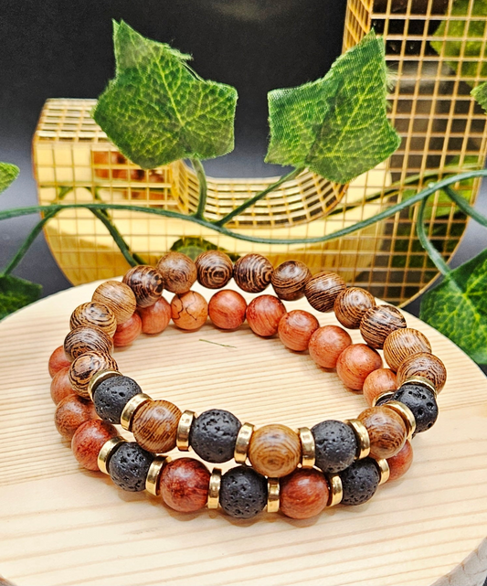 Wood and Black Lava Bracelet 2pcs